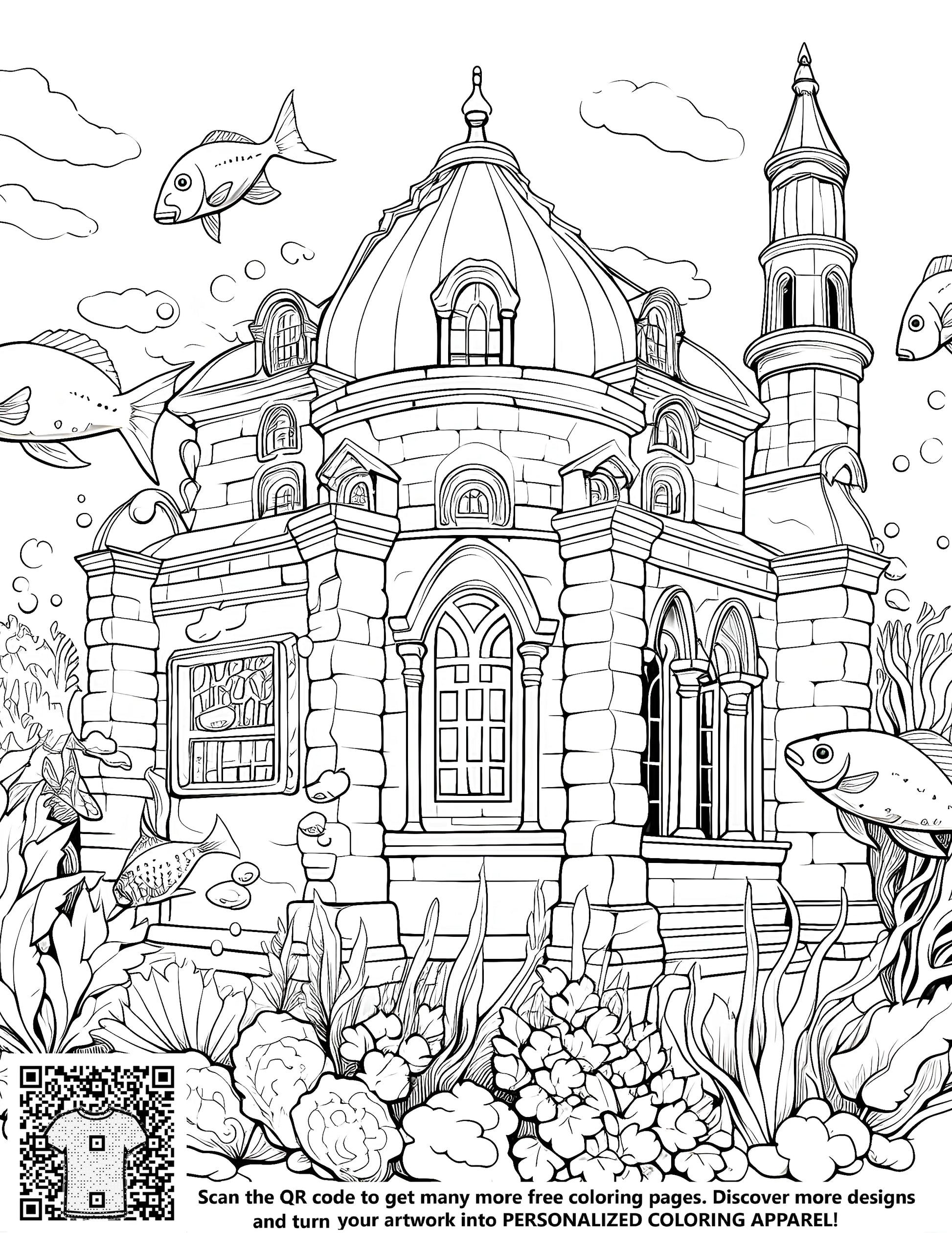 Underwater castle coloring page kit with black and white illustrations of a marine kingdom, featuring fish, coral reefs, and a majestic castle dome. Includes 10 fabric markers for coloring.