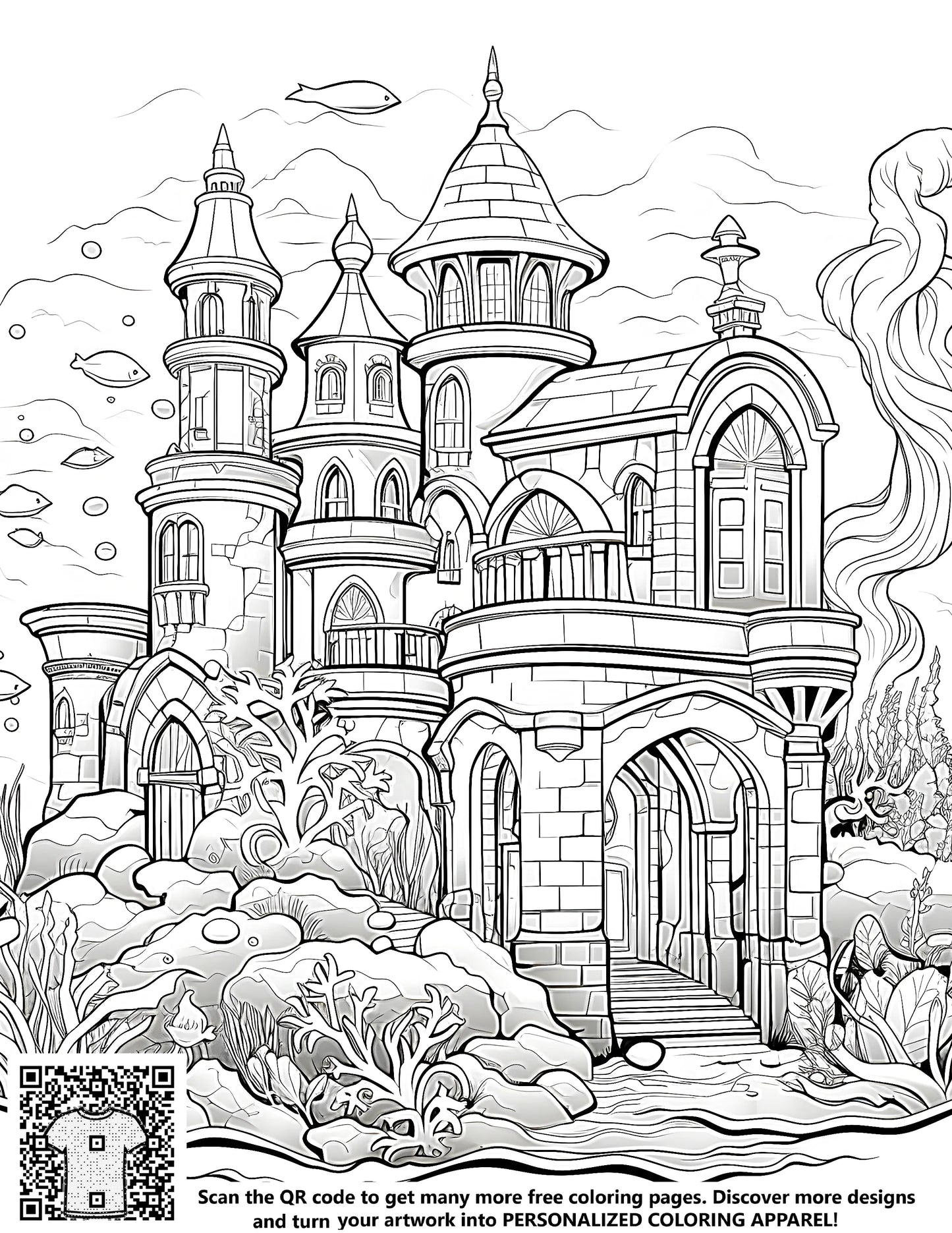Underwater castle coloring page with mermaid residence design, intricate coral and sea plants, fantasy ocean scene