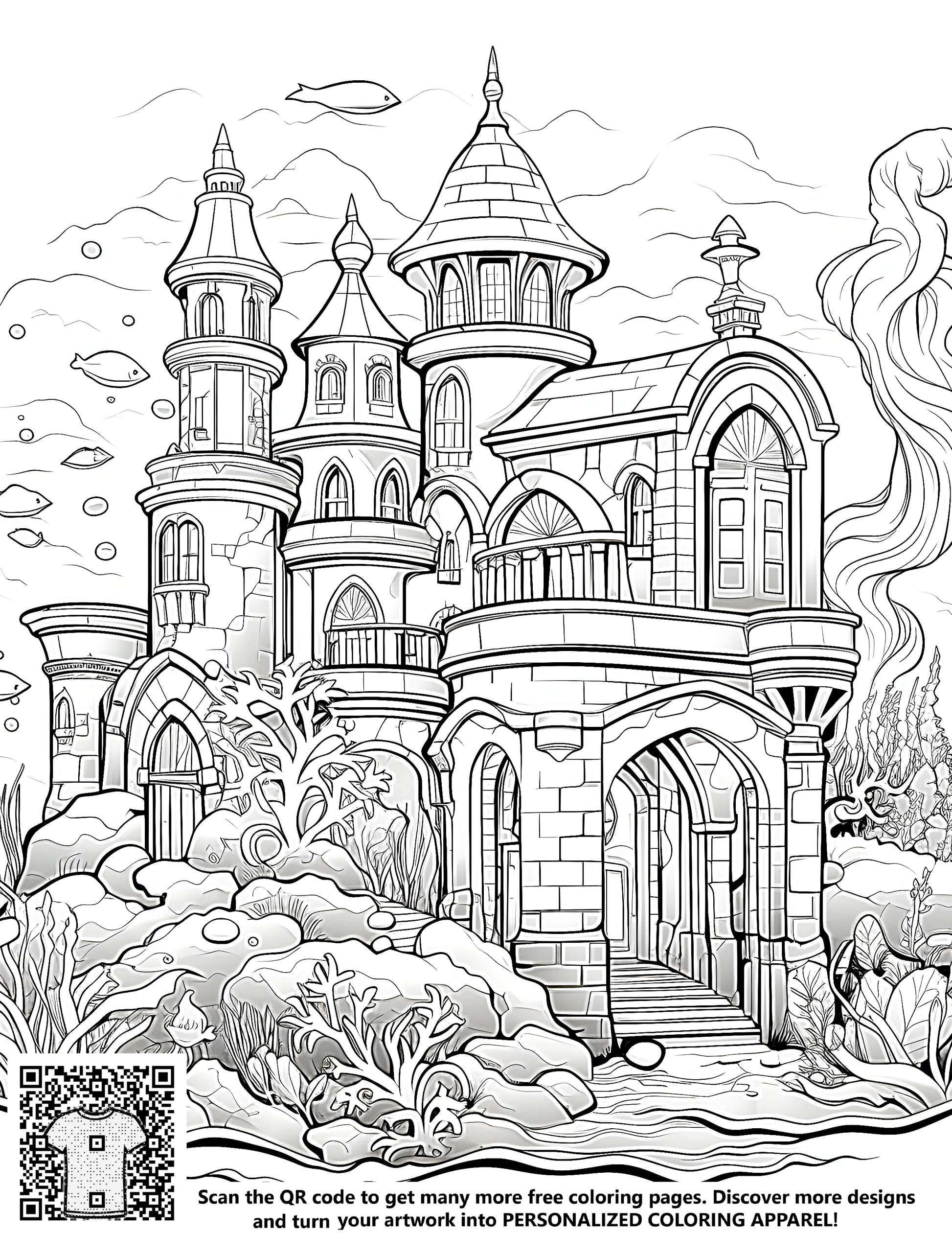 Underwater castle coloring page with mermaid residence design, intricate coral and sea plants, fantasy ocean scene