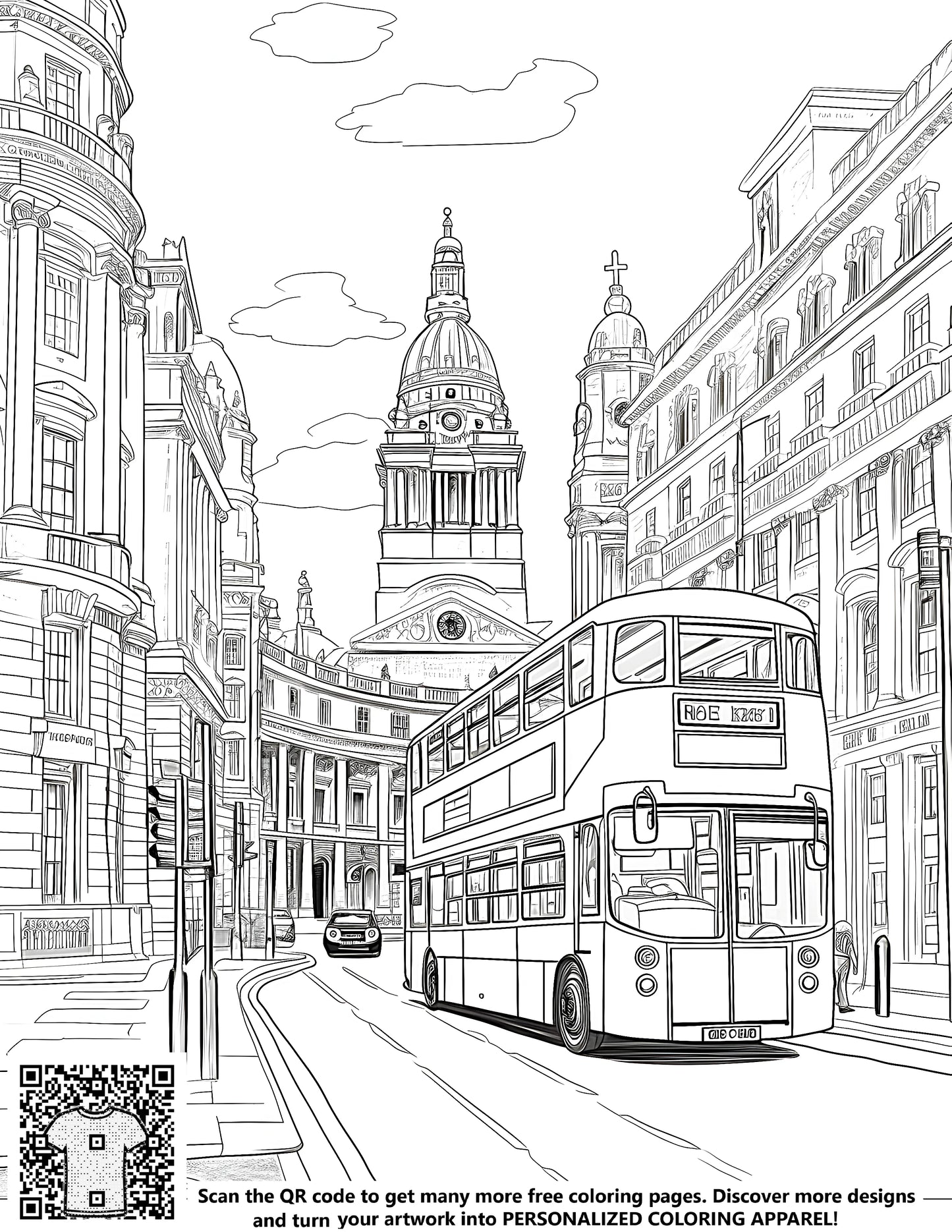 Detailed illustration of city life, street scene, bus stop, public transportation, historical buildings, architecture, and urban landscape