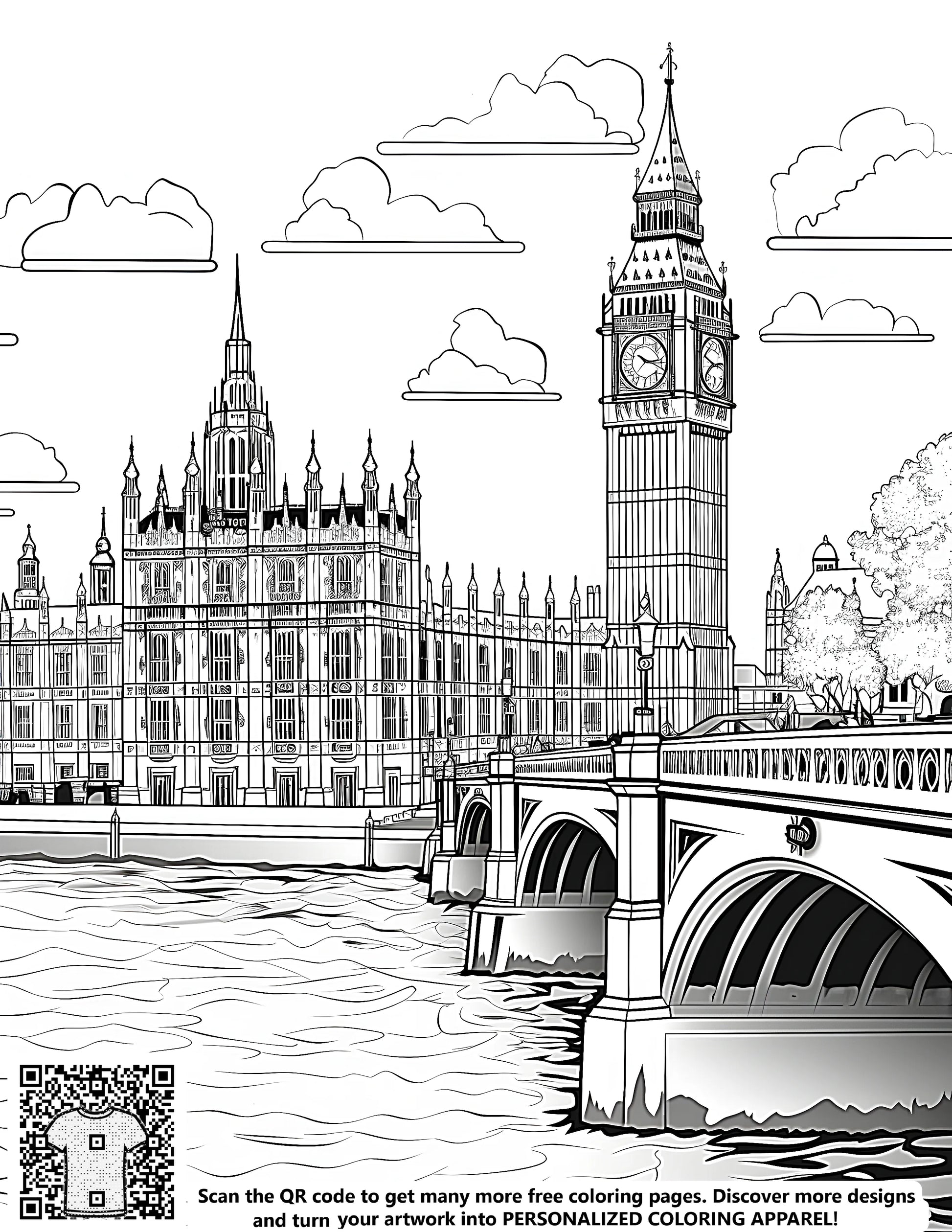Free coloring page artwork featuring iconic London landmarks, including the Elizabeth Tower, a historic building, and a river