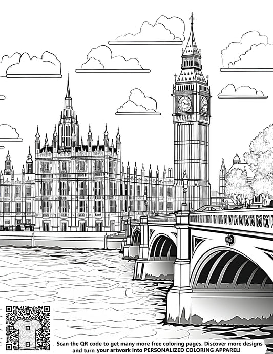 FREE Big Ben and Historic Bridge Coloring Page - Printable Download