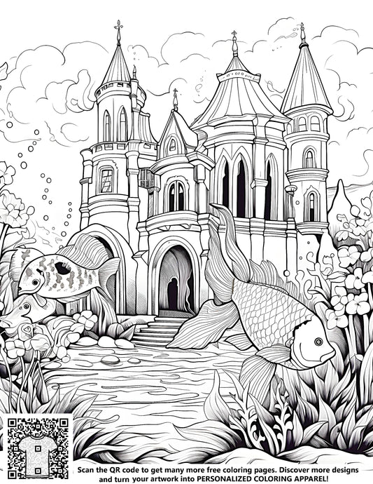 FREE Castle Coloring Page - Detailed Tower Spires with Flowers and Fish - Printable Download