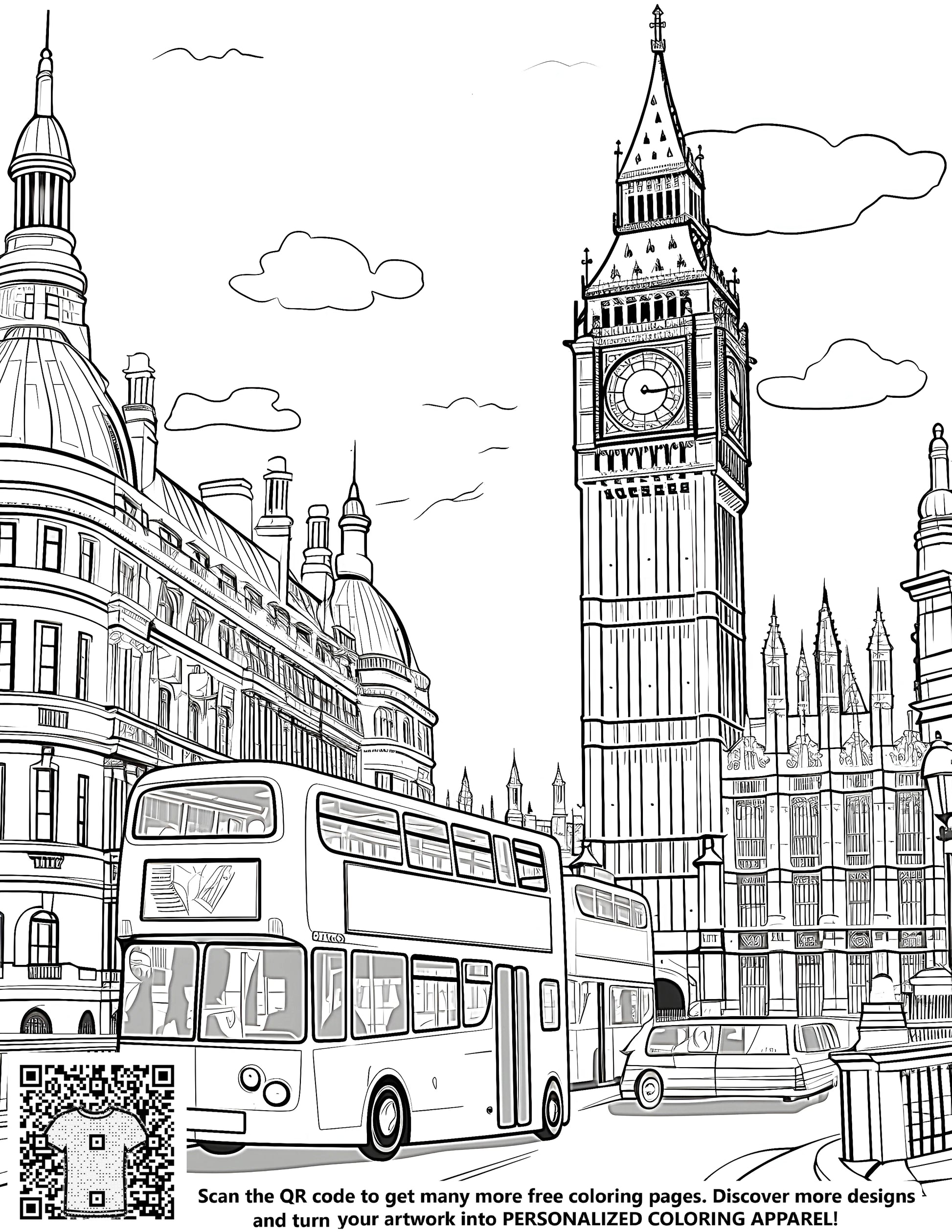 London scene coloring page illustration featuring Big Ben, double-decker buses and historic buildings of the British capital city - free printable