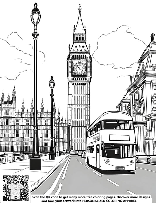 FREE London Big Ben and Double-Decker Bus Coloring Page Download