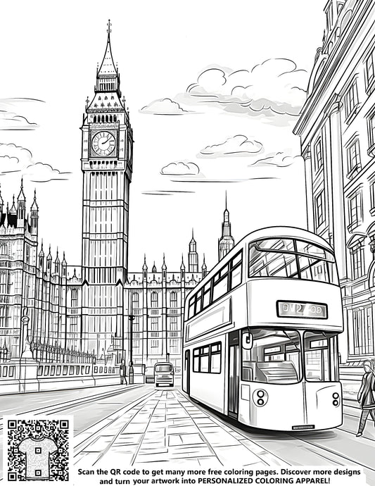 FREE London Big Ben and Double-Decker Bus Coloring Page Download