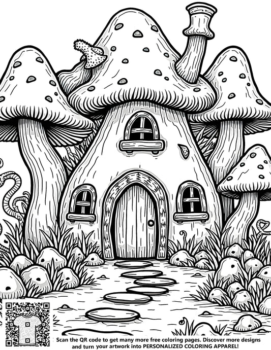 Whimsical free coloring page of a cottage-shaped mushroom amidst an enchanted forest setting