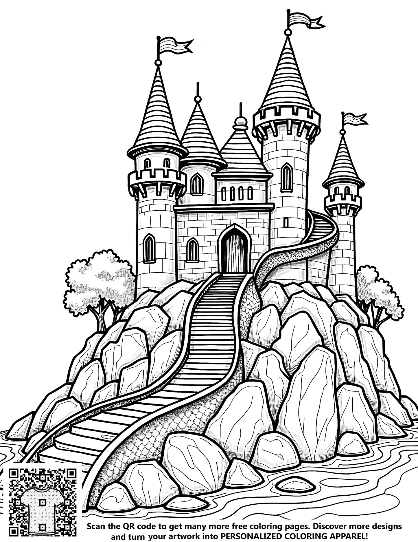 Free Coloring Pages of Castles, Fortresses and Strongholds with flags and towers