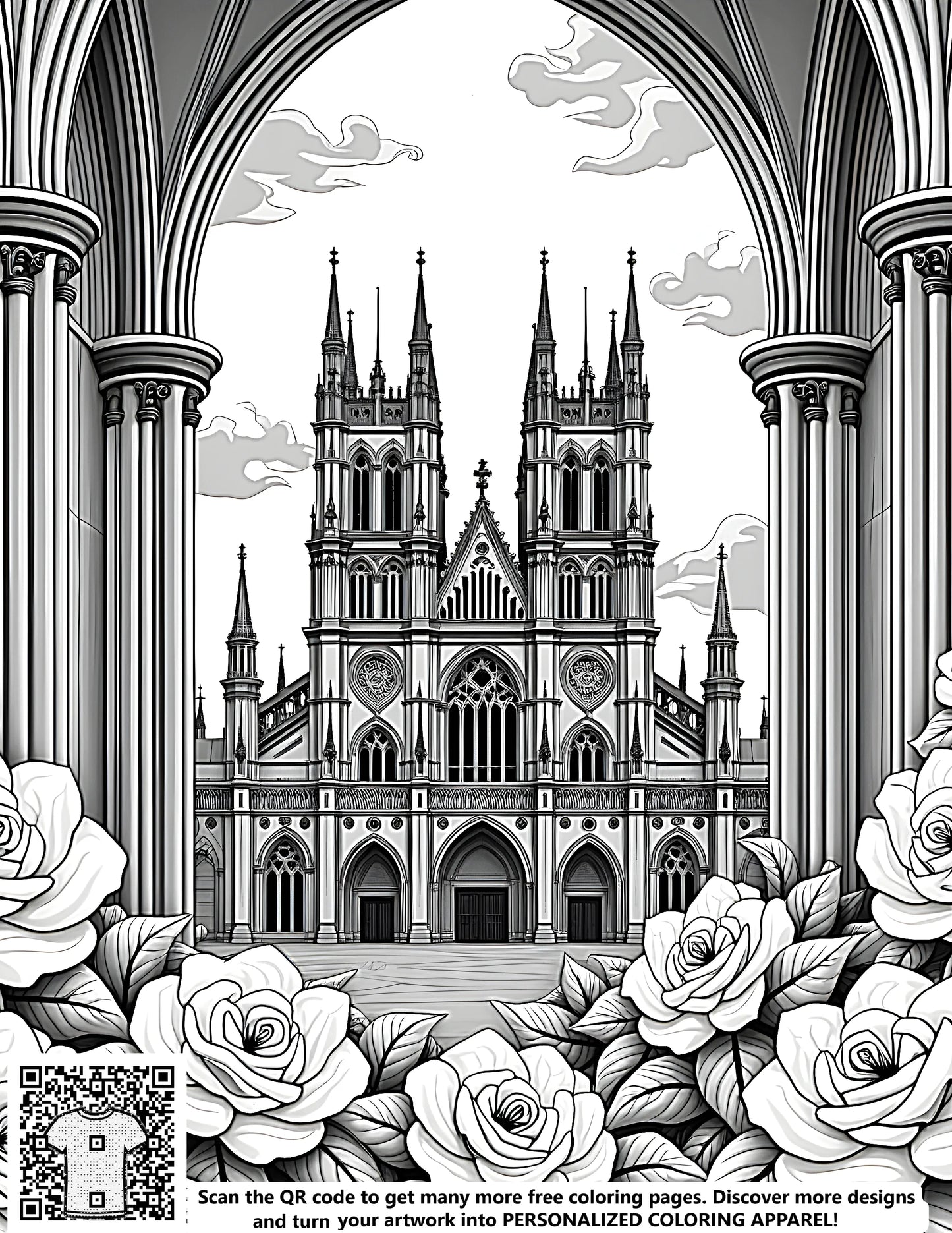 Free coloring page illustration of a stunning Gothic church, castle, or chapel with towers and spires, surrounded by flowers and arches, set against a cloudy sky.