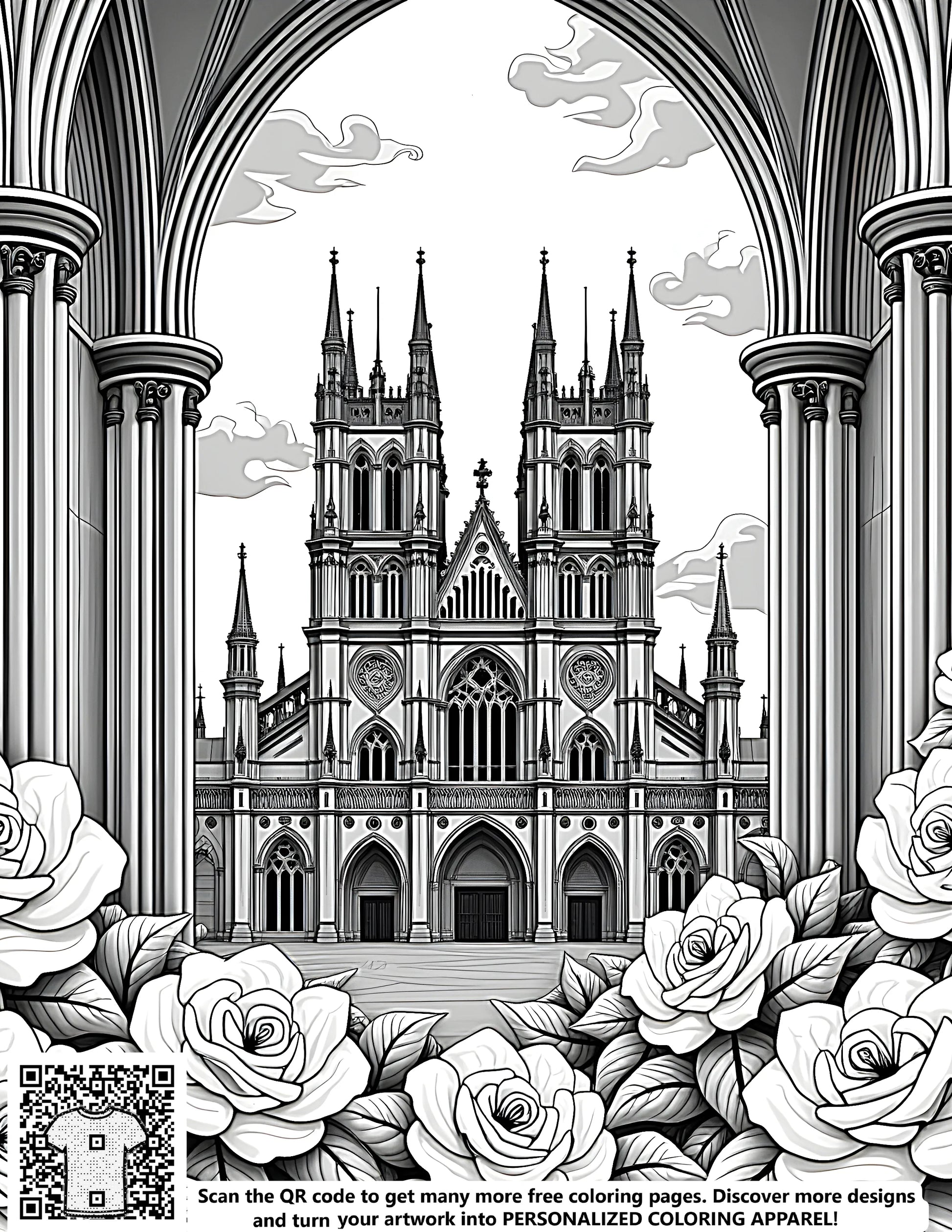 Free coloring page illustration of a stunning Gothic church, castle, or chapel with towers and spires, surrounded by flowers and arches, set against a cloudy sky.