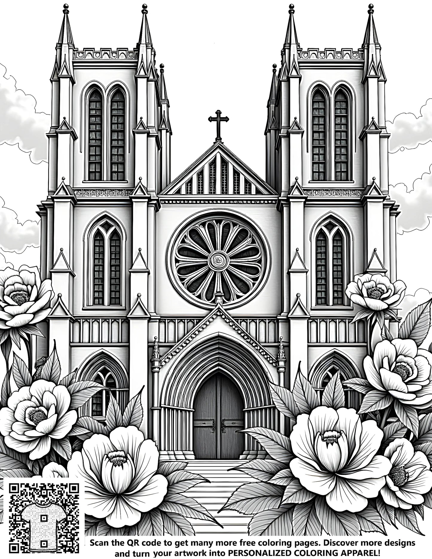 Gothic church illustration coloring page with flowers, intricate black-and-white cathedral design art, detailed architecture and nature scene