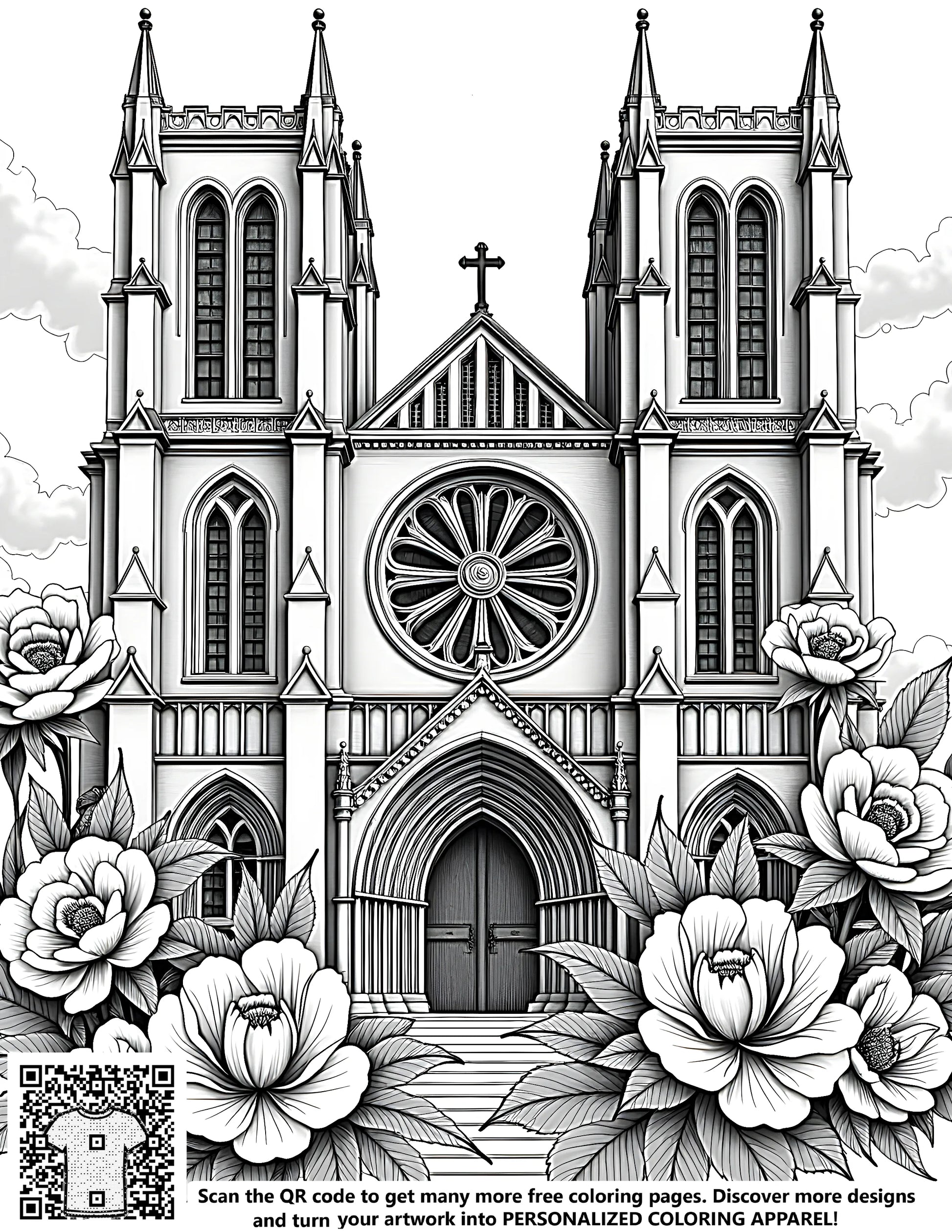 Gothic church illustration coloring page with flowers, intricate black-and-white cathedral design art, detailed architecture and nature scene