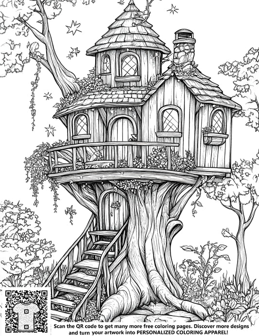 Whimsical treehouse illustration coloring page