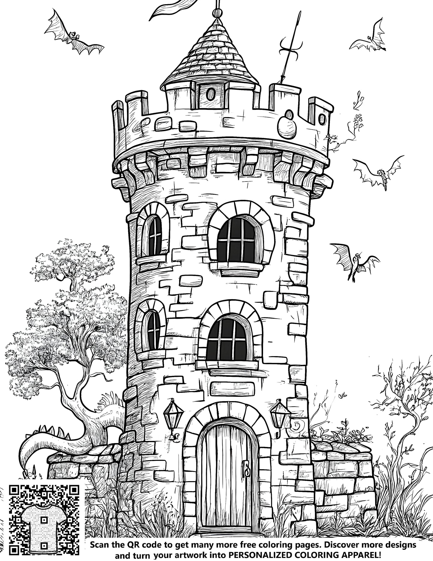 Coloring page of a medieval castle with a conical roof surrounded by bats and greenery