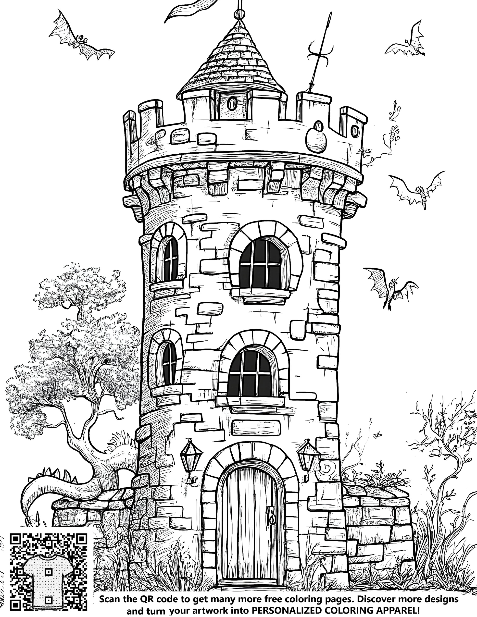 Coloring page of a medieval castle with a conical roof surrounded by bats and greenery