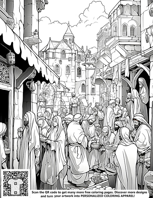 Historical village scene coloring page with free coloring kit and fabric markers