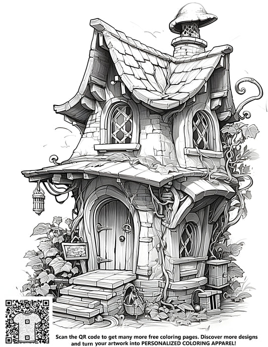 FREE Fairytale Cottage Coloring Page - Whimsical Mushroom Chimney & Vines - Download NOW