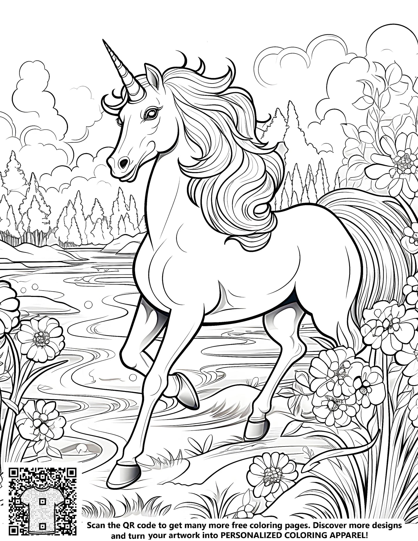 Coloring page of a unicorn standing by a river surrounded by flowers and trees for kids and adults to color and enjoy. Free coloring page with enchanting nature scene featuring a majestic unicorn in a serene environment, perfect for relaxing and expressing creativity.
