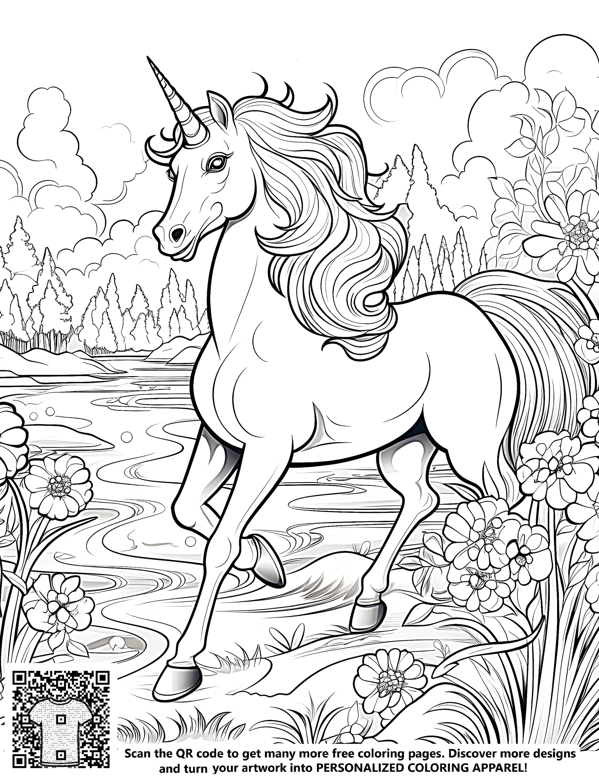 Coloring page of a unicorn standing by a river surrounded by flowers and trees for kids and adults to color and enjoy. Free coloring page with enchanting nature scene featuring a majestic unicorn in a serene environment, perfect for relaxing and expressing creativity.