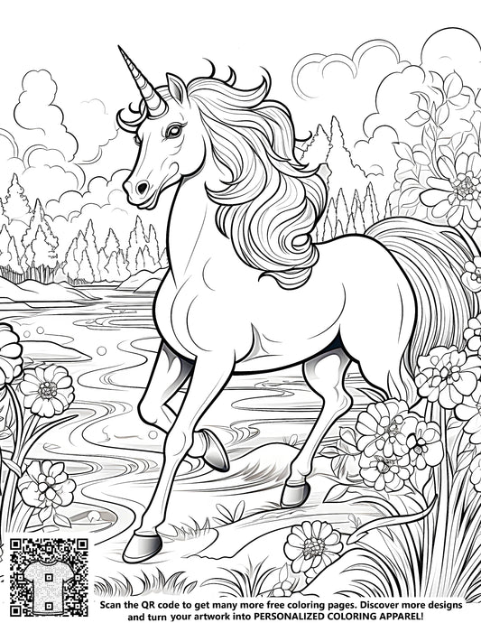 Coloring page of a unicorn standing by a river surrounded by flowers and trees for kids and adults to color and enjoy. Free coloring page with enchanting nature scene featuring a majestic unicorn in a serene environment, perfect for relaxing and expressing creativity.