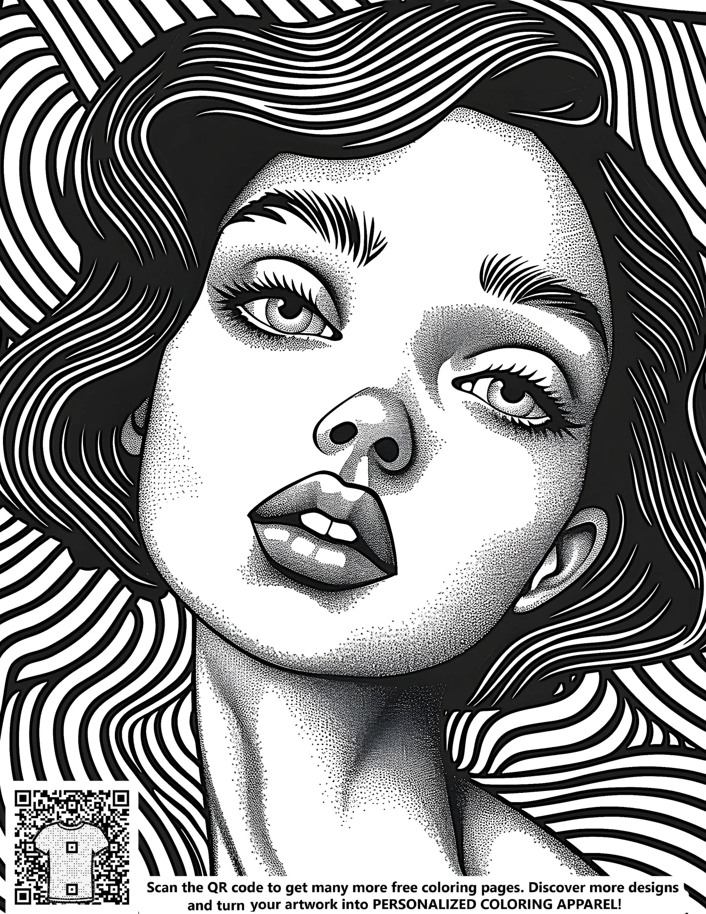 Free coloring page for adults featuring an abstract portrait of a woman with detailed facial features and expressive eyes, along with a free coloring kit with 10 fabric markers