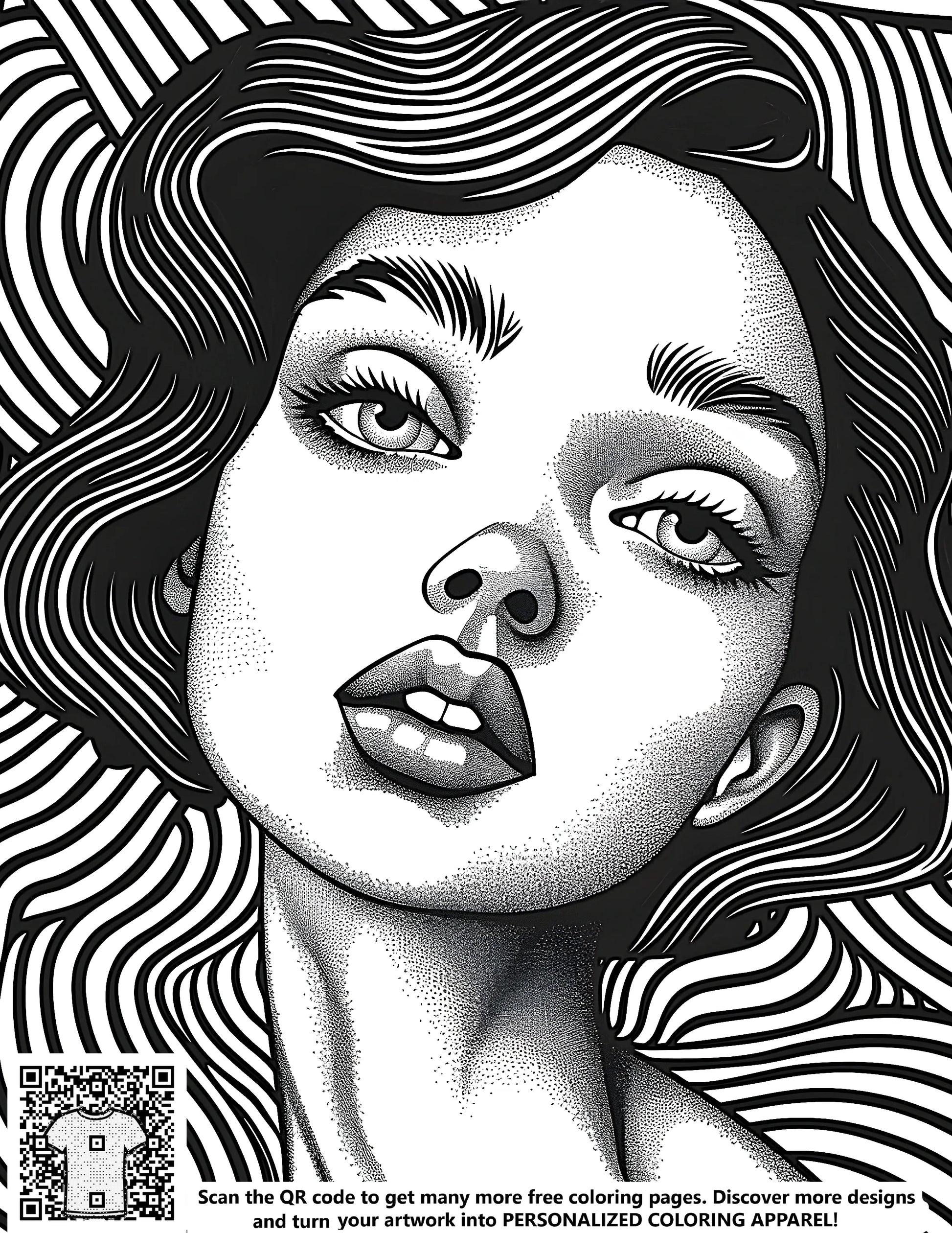 Free coloring page for adults featuring an abstract portrait of a woman with detailed facial features and expressive eyes, along with a free coloring kit with 10 fabric markers