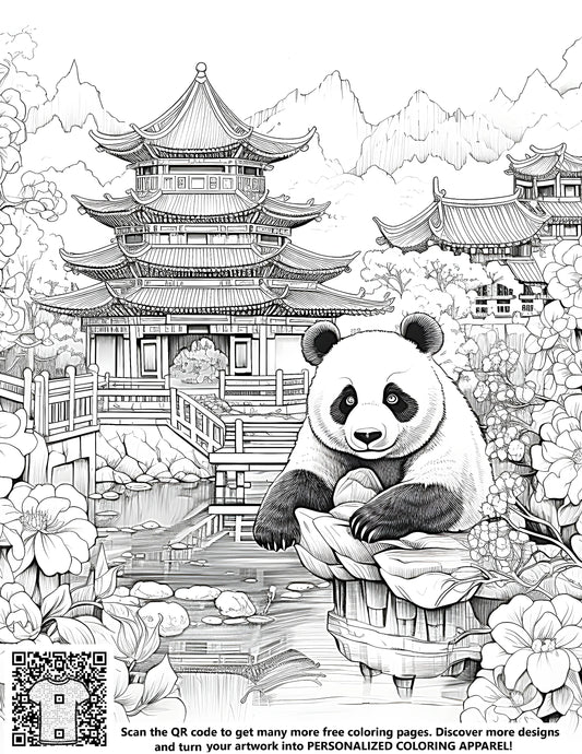 FREE Panda Coloring Page - Printable Chinese Pagoda Scene Download