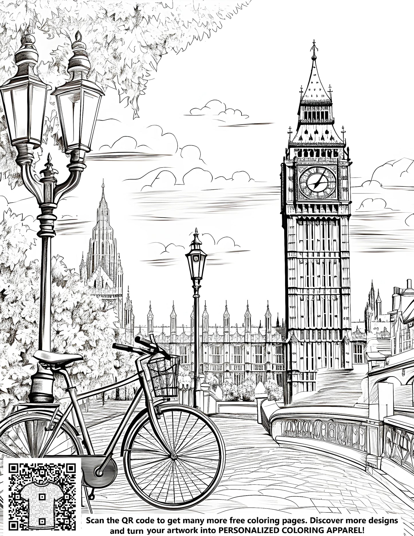 Colouring page illustration of Big Ben clock tower, Houses of Parliament and London streets