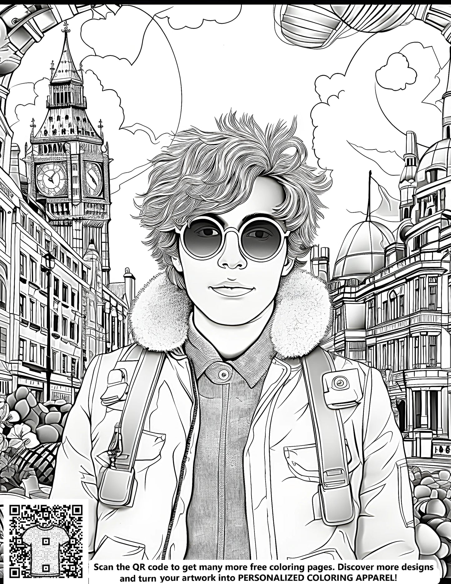 Urban coloring page illustration of young person in fashionable attire and sunglasses standing in front of cityscape