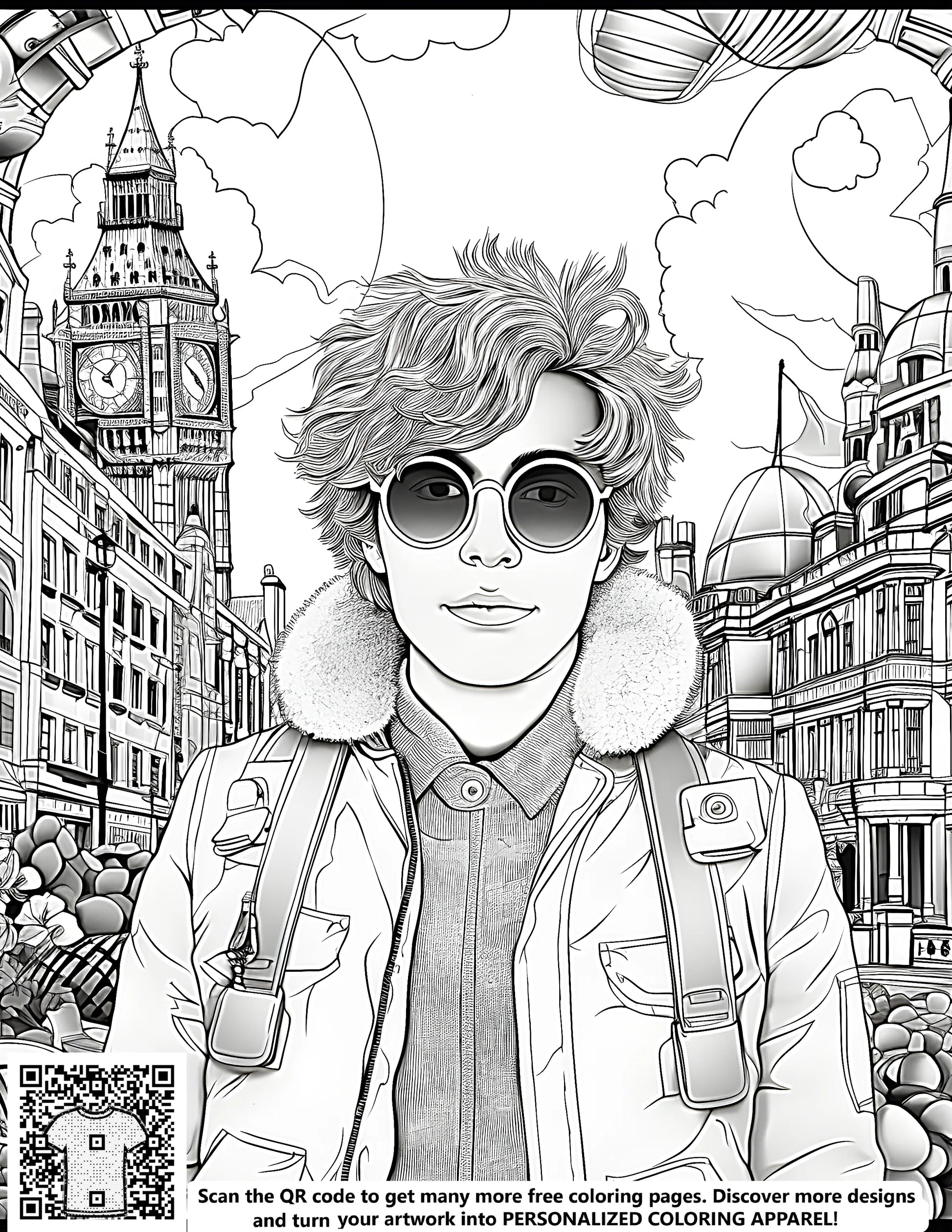 Urban coloring page illustration of young person in fashionable attire and sunglasses standing in front of cityscape