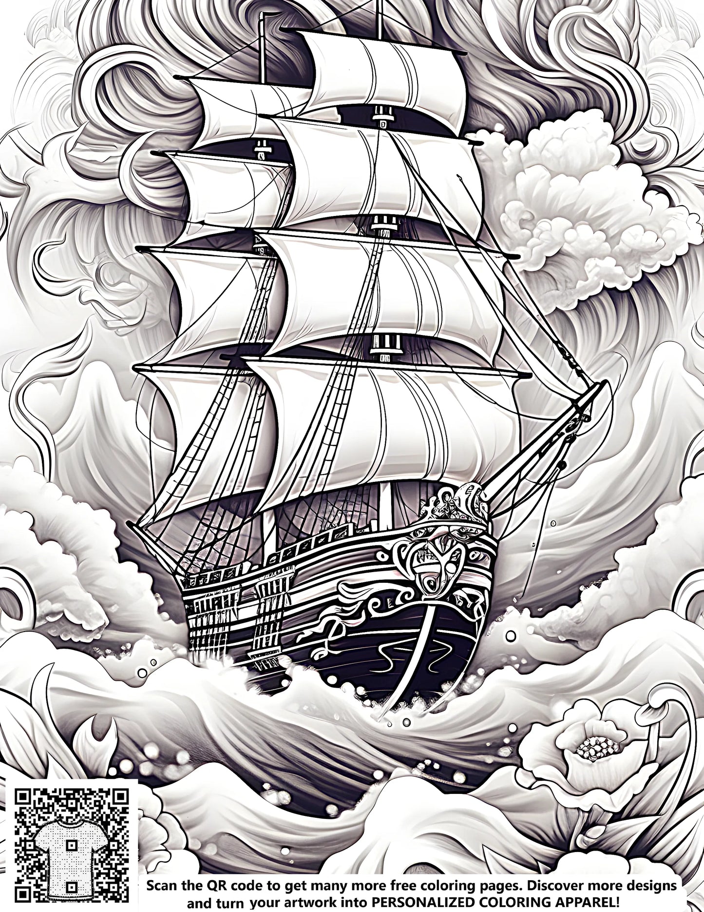 FREE Coloring Page - Intricate Sailing Ship in Stormy Seas Printable