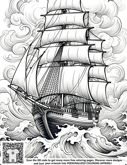Coloring page illustration of a sailing vessel braving turbulent waves, surrounded by whirling clouds