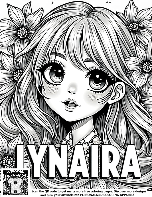 FREE Anime-Style Coloring Page - Lynaira Portrait with Flowers - Download NOW