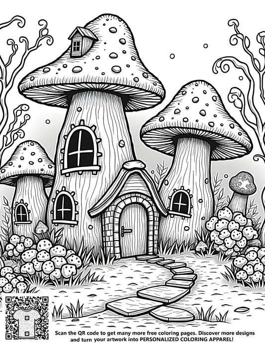 Whimsical mushroom house coloring page, fantasy landscape with plants and trees