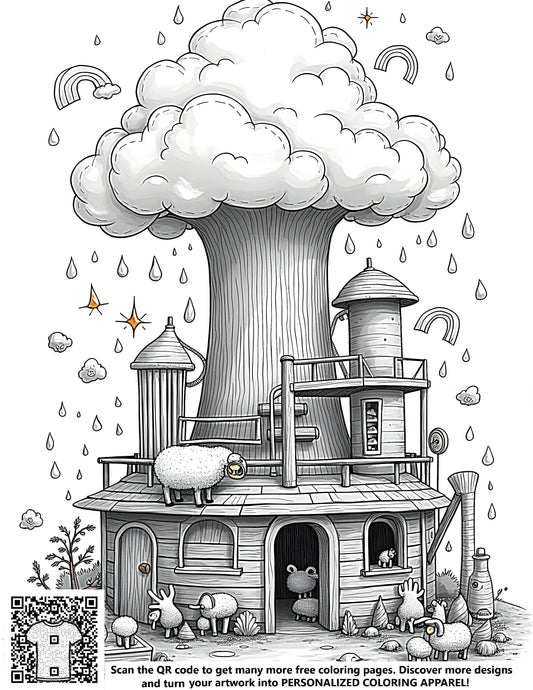 Free coloring page featuring a whimsical treehouse surrounded by cute cartoon animals and dreamlike clouds, with raindrops and simple rainbows in a charming, cozy fantasy scene, reminiscent of a magical cottage.