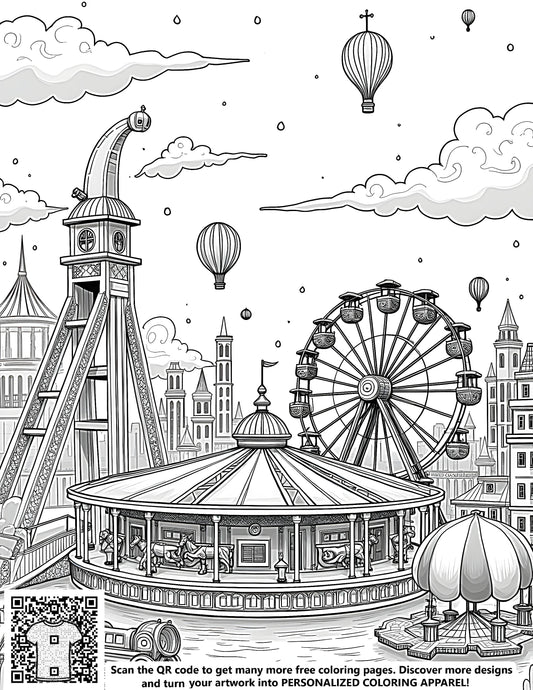 FREE Amusement Park Coloring Page - Whimsical Carousel & Ferris Wheel Printable Download