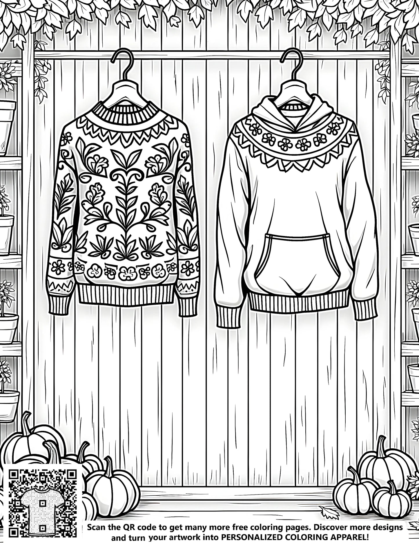 Free coloring page illustration of two sweaters with decorative patterns surrounded by pumpkins and potted plants set against a wooden wall. Perfect for a fun and cozy activity