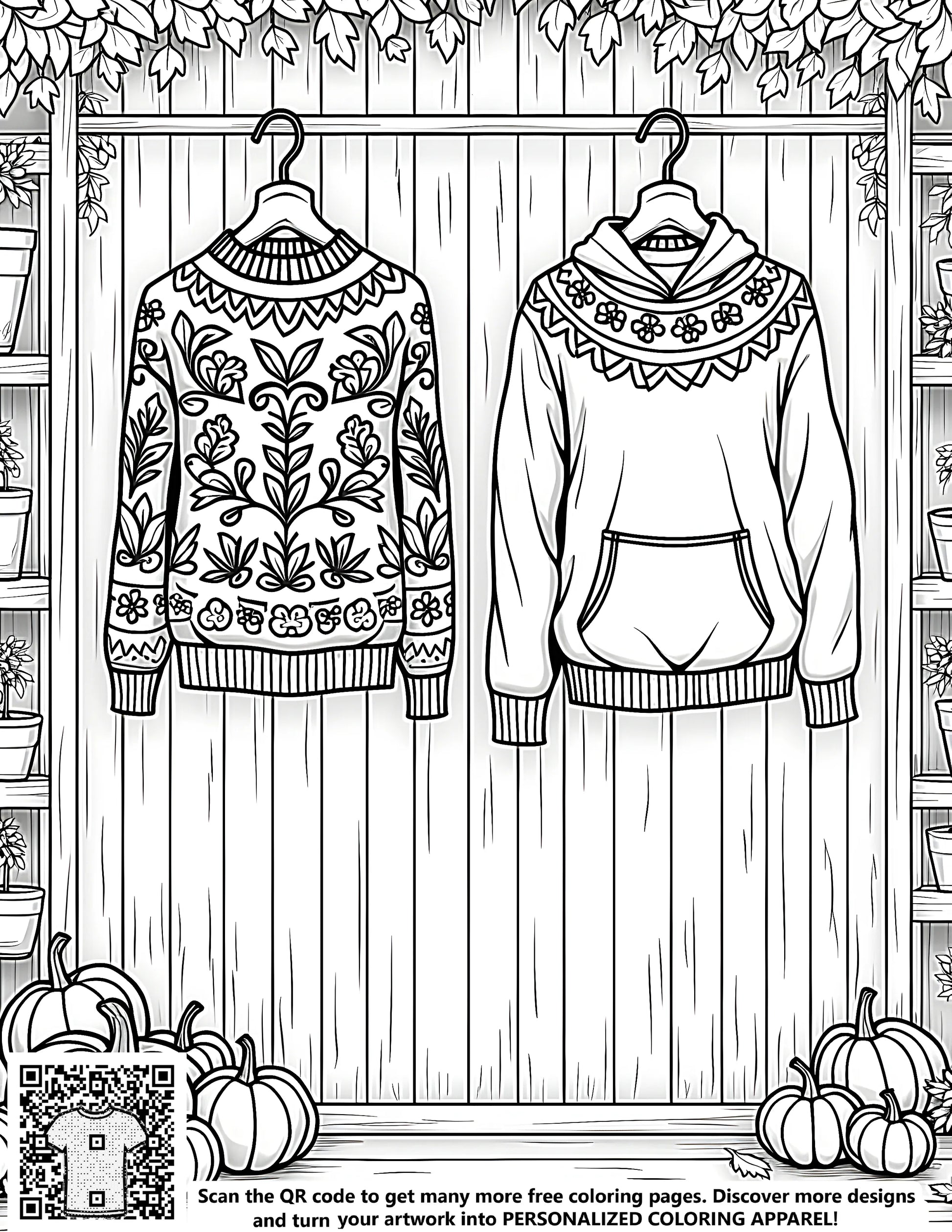 Free coloring page illustration of two sweaters with decorative patterns surrounded by pumpkins and potted plants set against a wooden wall. Perfect for a fun and cozy activity