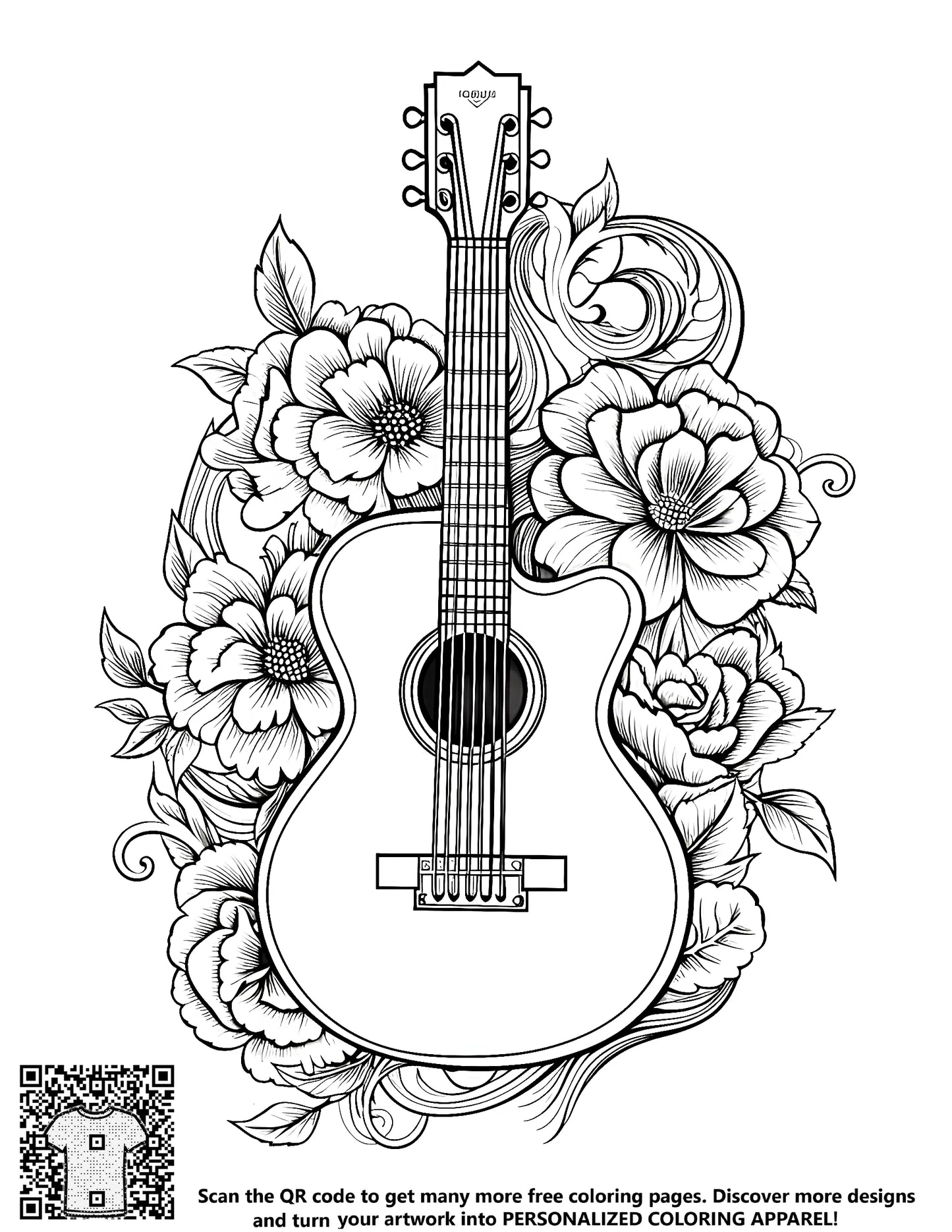 FREE Acoustic Guitar & Blooming Flowers Coloring Page - Download NOW