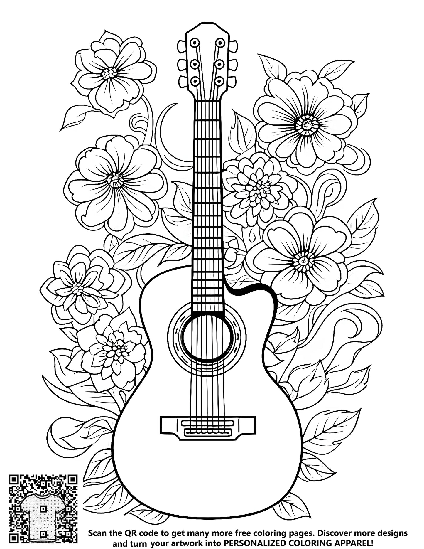 FREE Acoustic Guitar and Floral Design Coloring Page - Download NOW