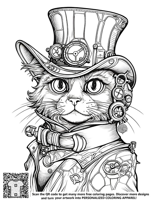 FREE Steampunk Cat Coloring Page Download NOW