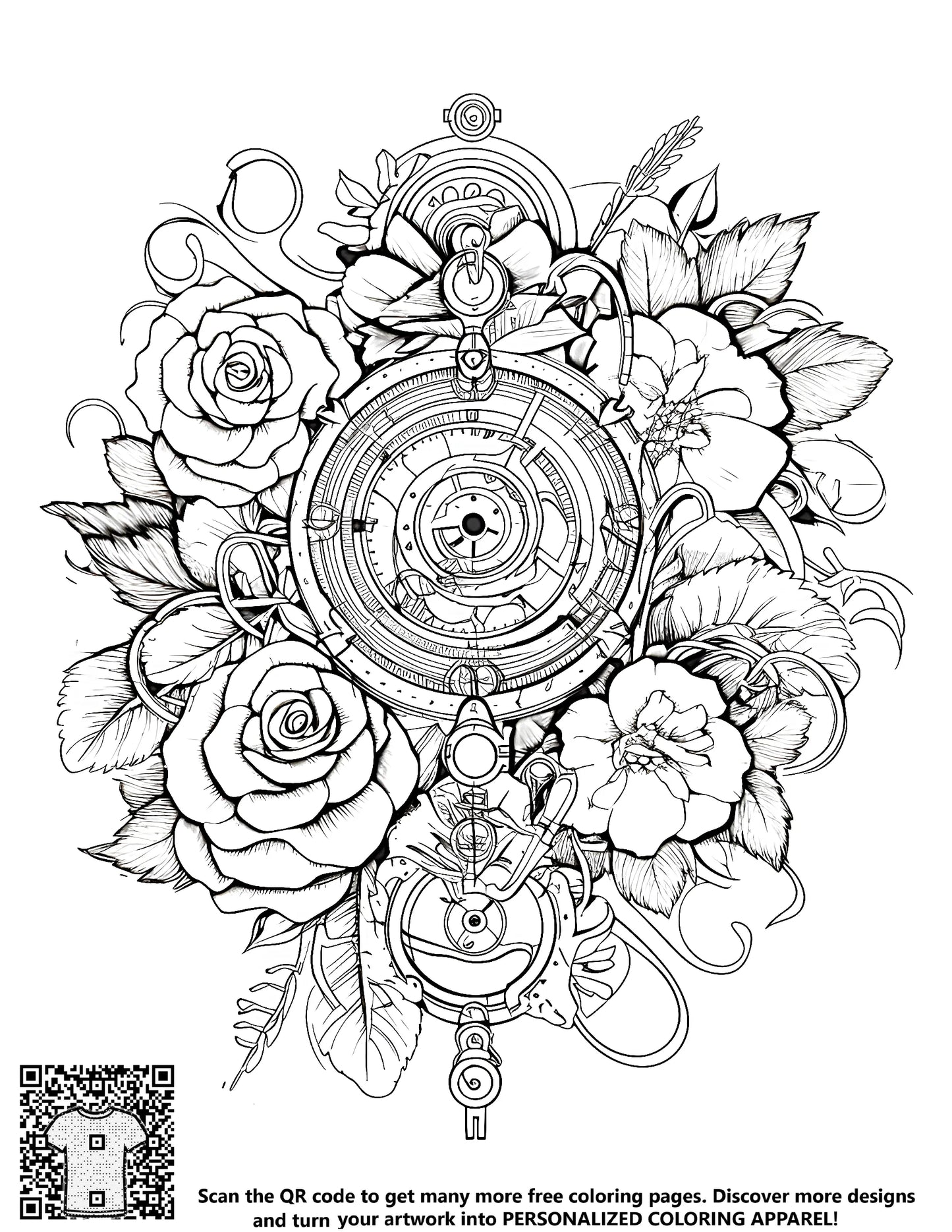 FREE Intricate Roses and Mechanical Elements Coloring Page Download