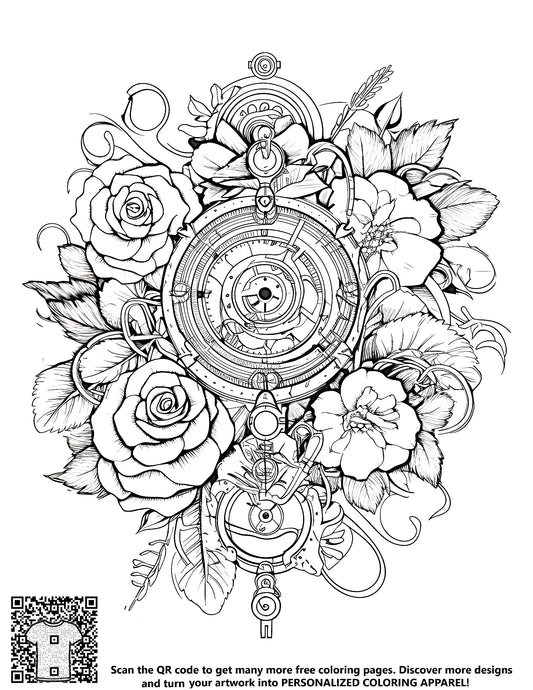 FREE Intricate Roses and Mechanical Elements Coloring Page Download