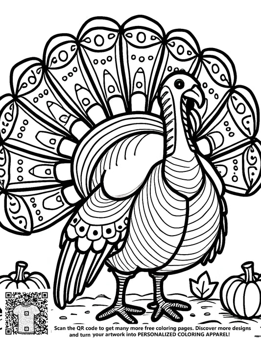 FREE Turkey with Intricate Feather Pattern Coloring Page - Printable Autumn Festive Activity Download