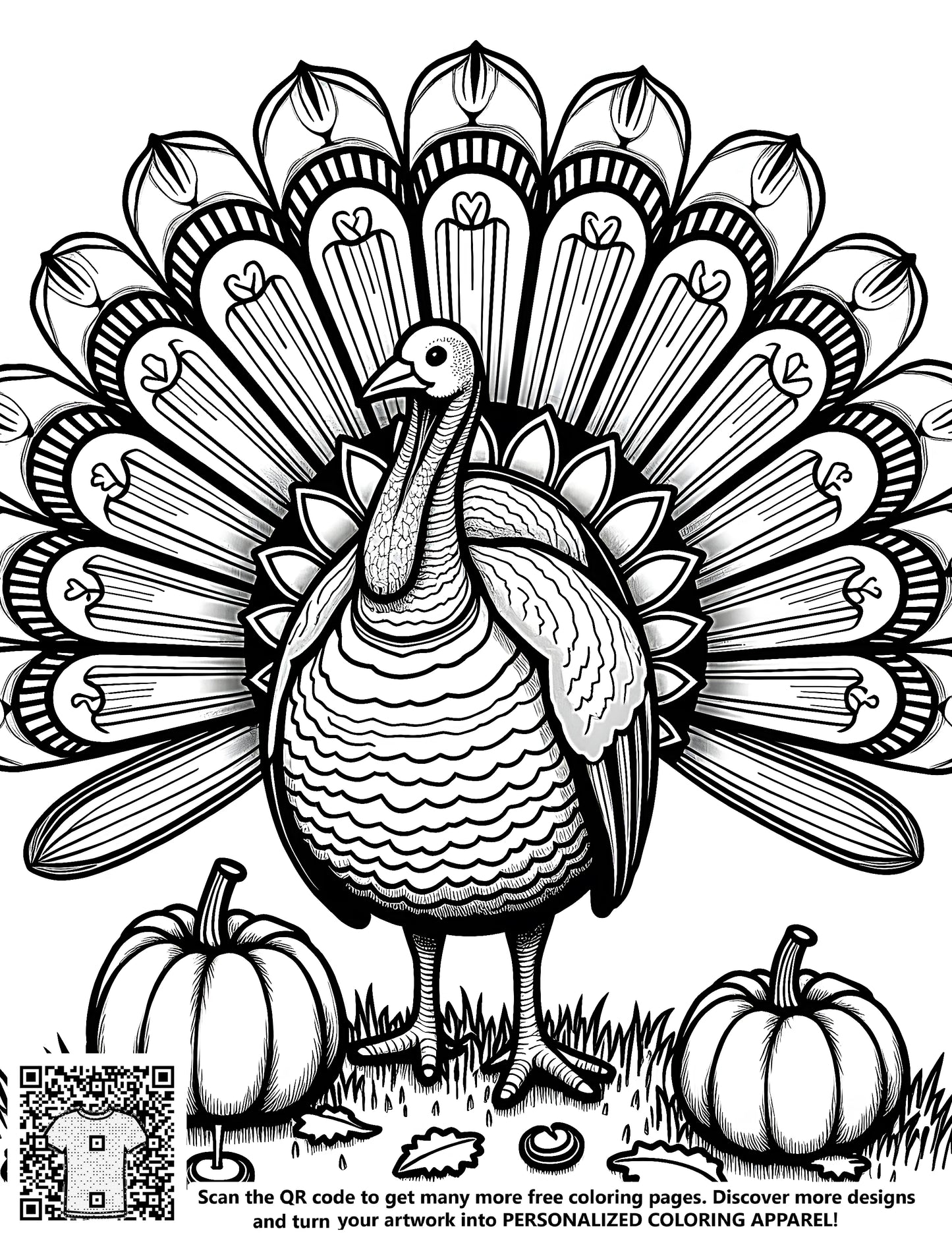 FREE Turkey Coloring Page with Ornamental Feathers - Printable Download