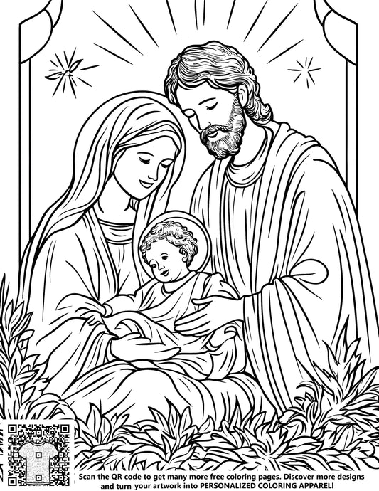 FREE Holy Family Coloring Page Download - Serene Line Art of Joseph, Mary, and Baby Jesus with Decorative Leaves