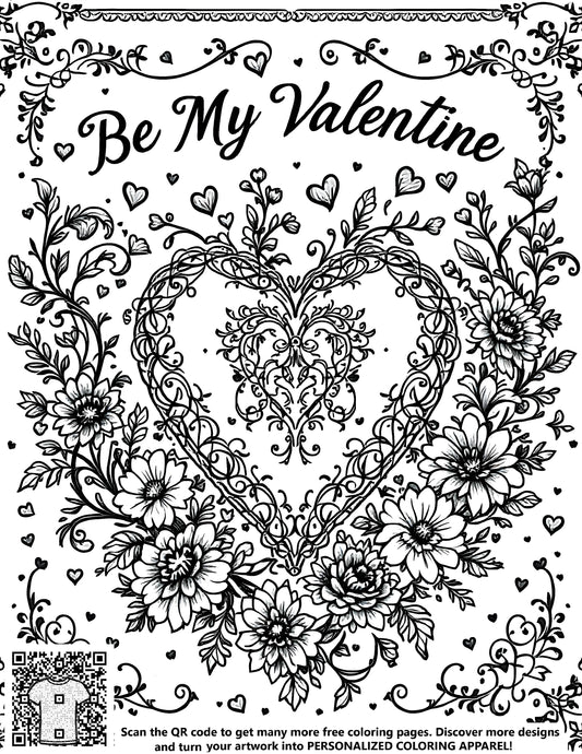 FREE Be My Valentine Heart Coloring Page - Intricate Floral Design Printable Download