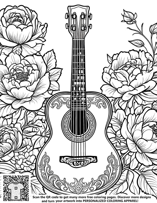 FREE Guitar and Flowers Coloring Page Download NOW