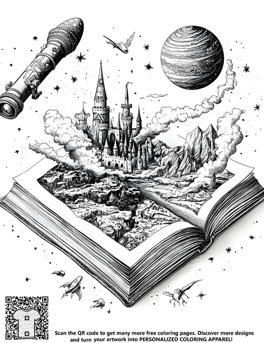 FREE Fantasy Coloring Page - Printable Open Book with Castle, Mountains, Rockets, and Planets Download