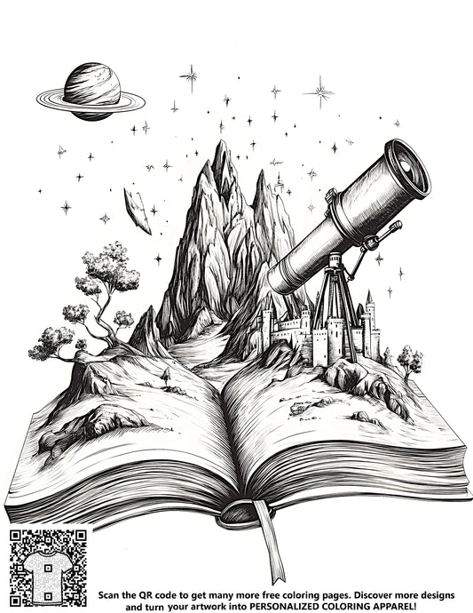 FREE Fantasy Castle Coloring Page - Printable Monochrome Scene with Mountain and Telescope